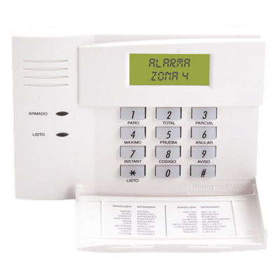 Consola de alarma con pantalla LCD numérica y mensajes prefijados en español