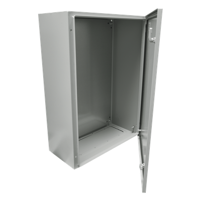 Gabinete de Acero IP66 Uso en Intemperie (400 x 600 x 200 mm) con Placa Trasera Interior Metálica y Compuerta Inferior Atornillable (Incluye Chapa y Llave).