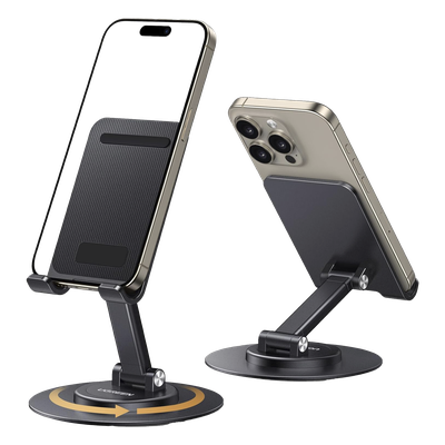 Soporte para Teléfono Celular Giratorio | 360° de Rotación | Angulo Ajustable | Altura Ajustable 17-20cm | Antideslizante | Ejes Giratorios de Alta Precisión| Plegable | Aluminio | Color Gris - Imagen 3