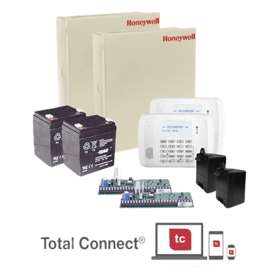 Kit con 2 paneles de alarma híbridos VISTA-48LA con teclado alfanumérico, receptor inalámbrico, batería y transformador