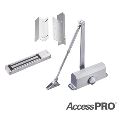 Kit para control de acceso incluye Chapa magnética de 600Lbs / Montajes L y Z / Cierra puerta para 45-65Kg.