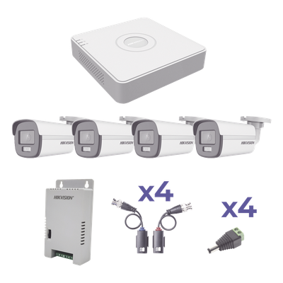 KIT COLORVU TURBOHD 1080p Lite / DVR 4 Canales / 4 Cámaras Bala (exterior 2.8 mm) / Transceptores / Conectores / Fuente de Poder Profesional