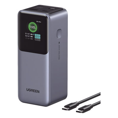 Power Bank de 20000mAh | 3 Salidas 130W Max. | USB-A + 2 USB-C | PD 3.0 | QC3.0 | FCP | SCP | Pantalla Inteligente | Carcasa Ignifuga | Color Gris | Incluye Cable USB de 50cm | Carga tu Laptop de Manera Segura.
