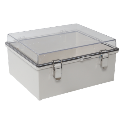 Gabinete Plástico ABS, Puerta Transparente, Uso en Intemperie (350 x 460 x 160 mm) Cierre por Broches Inoxidables y Permite Cerrado con Candado y Llave (Perno 5mm) No Incluido