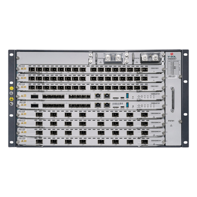 OLT Modular tipo Chasis GPON/XGS-PON Combo, 7 Ranuras de Servicio, Incluye 1 Tarjeta de Servicio de 16 puertos GPON