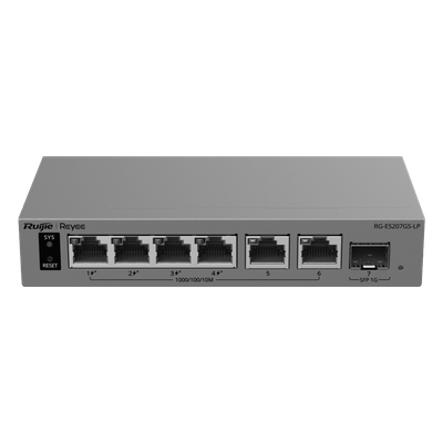 Switch Capa 2 Smart Cloud Managed / 7 Puertos Gigabit / 2 PoE++ 802.3bt + 2 PoE+ 802.3at / 1 Puerto SFP 1GE / Presupuesto PoE 120 W / Protección contra Sobretensiones 6 kV / PoE Permanente / Gestión en la Nube Ruijie Cloud / Gabinete Met&