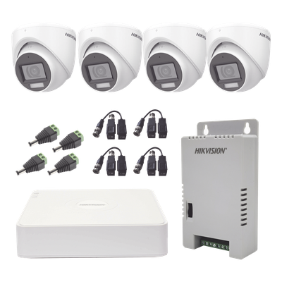 KIT TurboHD 1080p / DVR 4 Canales con audio por coaxitron / 4 Cámaras con Micrófono y  106° Visión/  luz blanca + IR visión nocturna  / Transceptores / Conectores / Fuente de Poder Profesional