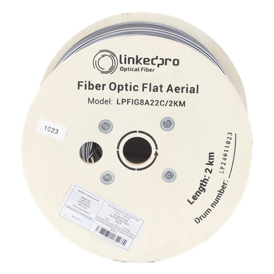 Carrete de 2 Kilómetros (6561.68 Pies) de Fibra Óptica Aérea Mini Figura 8 G.657A2 Tipo Drop Plana, Monomodo de 2 Hilos (Bifibra), Color Negro, (No Soporta Conectores Mecánicos)