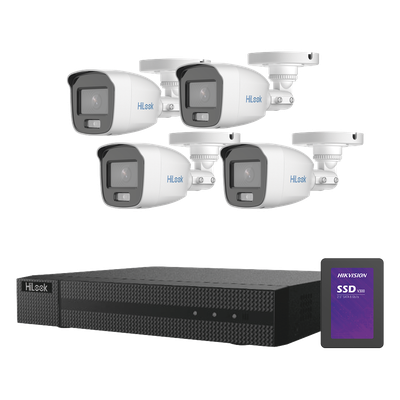 Kit TurboHD 1080p + SSD 500 GB / DVR 4 Canales / 4 Cámaras Bala ColorVu con Micrófono Integrado / Fuente de Poder / Accesorios de Instalación