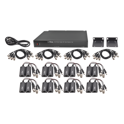 Kit de 16 canales para transmisión de ALIMENTACION (NO SOPORTA COAXITRON)( de 36 Vcc a 12 Vcc) y video (HD-TVI) a distancias de hasta 250 m.