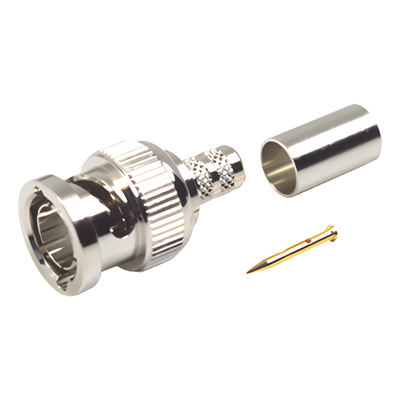 Conector BNC Macho en 75 Ohm, Anillo Plegable para Coaxial 8279, RG-59/U, Níquel/ Oro/ Teflón.