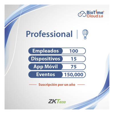 LICENCIA PROFESSIONAL BIOTIME CLOUD 2.0  / 100 USUARIOS / 15 DISPOSITIVOS (Licencia Anual)