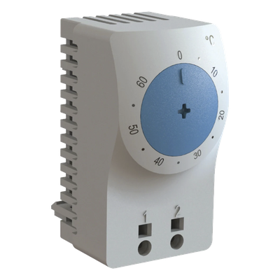 Termostato/Interruptor Para Control de Temperatura en Grados Fahrenheit, Para Uso con Ventiladores, Con Terminales de Conexión, y Clip para Riel Din de 35 mm, Color Gris Claro