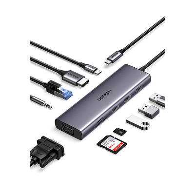 Hub USB-C 10 en 1 / HDMI 4K@30Hz + VGA 1920x1200 / 3x USB 3.0 5Gbps / Ethernet Gigabit / SD/TF Card Reader / PD 100W / Audio 3.5mm / Doble Pantalla Simultánea / Plug & Play Universal