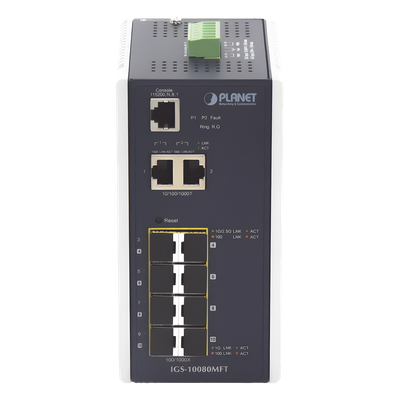 Switch Industrial Administrable L2+, 8 Puertos 1G SFP, 2 Puertos TP Gigabit, (-40 ~75 grados C) 