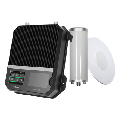 Kit Amplificador Office 200 para 2G, 3G y 4G / Mejora llamadas convencionales y VoLTE / Amplifica señal de TELCEL, AT&T y MOVISTAR / Cubre hasta 400 m² con una antena y hasta 1600 m² con 4 antenas.