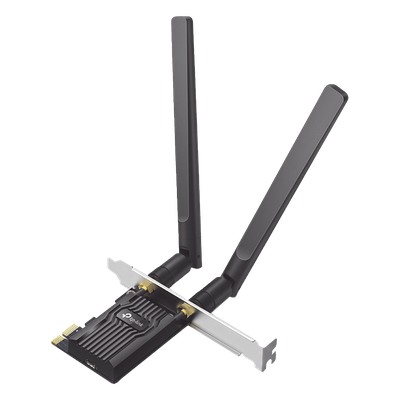 Adaptador  PCIe inalámbrico doble banda AX1800 Mbps / Seguridad Inalámbrica WPA3 /Antena de alta ganancia / Tecnología MU-MUMO 2X2 / Soporte de perfil bajo y Altura completa / Bluetooth 5.2