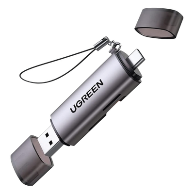 Lector de Tarjetas USB-C + USB-A a MicroSD (TF)/SD | OTG | USB-C 3.1 | 5Gbps | Soporta hasta 2TB | Soporta Windows/Mac OS/Linux/Android | Lectura de Tarjetas Simultánea | Caja de Aluminio | Llavero Anti-perdida. 