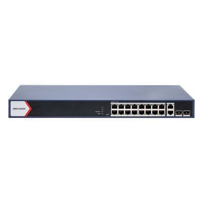 Switch Gigabit PoE+ / Monitoreable / 16 Puertos 1000 Mbps PoE+ / 2 Puerto 1000 Mbps de Uplink / 2 Puerto SFP /  Configuración Nube desde Hik-PartnerPro / Modo Extendido hasta 300 Metros / 125 Watts