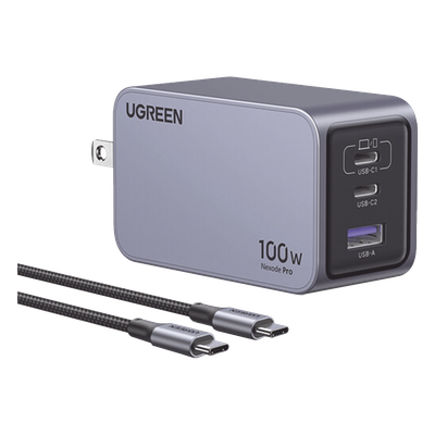 Cargador de 100W serie Nexode Pro | 3 Puertos de Carga Rápida | 2 USB-C | 1 USB-A | Tecnología GaNInfinity | PD3.1 de 100W / QC4.0 | Tecnología de Protección Térmica | Optimiza la Carga | Caja de Aluminio | Incluye Cable