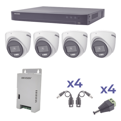 KIT COLORVU TURBOHD 1080p / DVR 4 Canales / 4 Cámaras eyeball (exterior) lente 2.8mm / Fuente de poder profesional / Transceptores de video y Accesorios de corriente