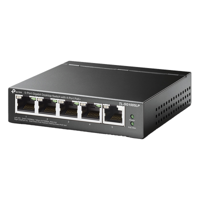 Switch Escritorio No Administrable de 5 puertos 100/100/1000 Mbps / Con 4 puertos PoE 802.3af/at de hasta 40 W 
