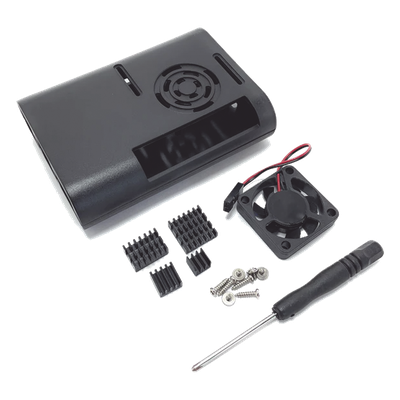 Kit Gabinete para Raspberry Pi 4 Model B / Plástico ABS / Color Negro / Ventilador / Disipadores / Incluye Desarmador