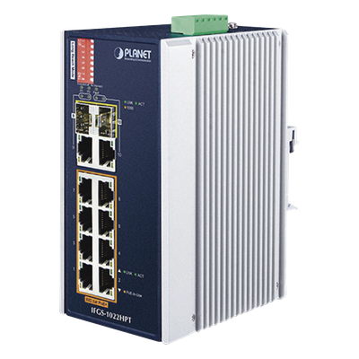 Switch Industrial PoE no administrable de 8 Puertos 10/100TX 802.3at,  Hasta 240 W, Combo TP / SFP Gigabit TP / SFP  (-40 ~ 75 grados C)