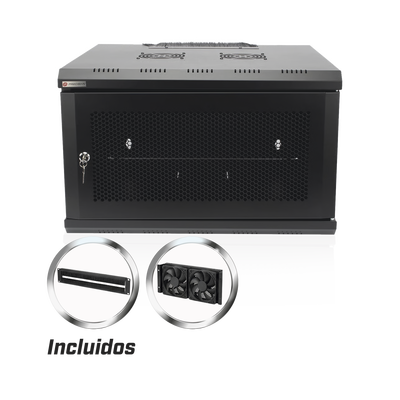 Gabinete de Pared 19 Pulgadas / 6U / 600 x 550 x 368 mm (23.6 x 21.7 x 14.5 in) / Acero SPCC RAL 9004 / Carga Estática 60 kg / IP20 Interior / Ventiladores CA / Panel Cepillo para Cables