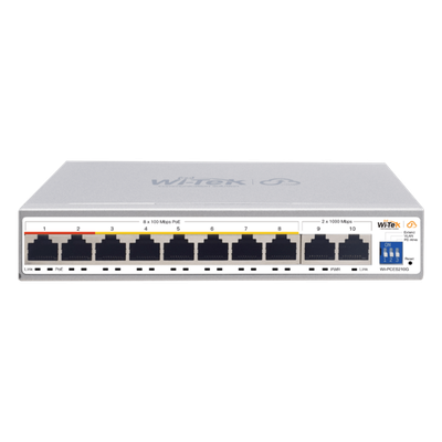 Switch PoE / Administración en la nube / Con 8 puertos 10/100 Mbps PoE af/at / 2 Puertos Uplink 10/100/1000 Mbps / Presupuesto 100 W / PoE hasta 250 metros / Soporta protocolo ONVIF