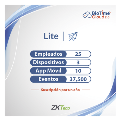 LICENCIA lite de BIOTIME CLOUD 2.0  / 25 USUARIOS / 3 DISPOSITIVOS (Licencia Anual)