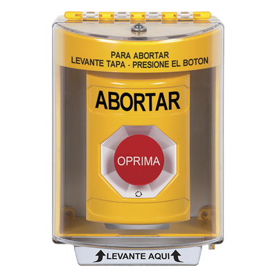 Botón de Abortar, Texto en Español, Tapa Protectora de Policarbonato Súper Resistente, Girar para restablecer
