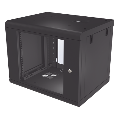 Gabinete de Pared de 9U con Puerta de Cristal Templado, 479.5 mm de Profundidad, Rack de 19'', Acero Reforzado Color Negro.