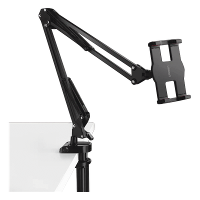 Soporte para Tableta con Brazo tipo Perezoso / Brazo Ajustable y Cabezal de 360° / 3 Perillas de Ajuste / Soporta dispositivos de 4'' a 12.9'' de hasta 1.5 KG / ABS + Metal de Alta Calidad.