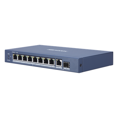 Switch Gigabit PoE+ / No Administrable / 8 Puertos 1000 Mbps PoE+ / 1 Puerto 1000 Mbps de Uplink + 1 Puerto SFP / 110 Watts 