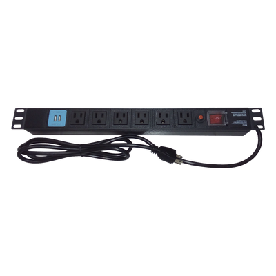 Tomacorriente Horizontal (PDU) de 6 contactos (NEMA 5-15R) + 2 USB para instalación en Rack de 19", 1UR, 125 Vca/ 15 A (THE0040091001001)