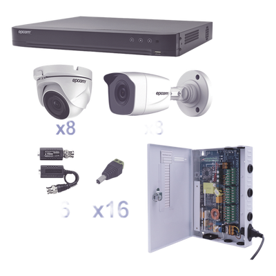 KIT TurboHD 1080p / DVR 16 Canales / 8 Cámaras Bala (exterior 2.8 mm) / 8 Cámaras Eyeball (exterior 2.8 mm) / Transceptores / Conectores / Fuente de Poder Profesional