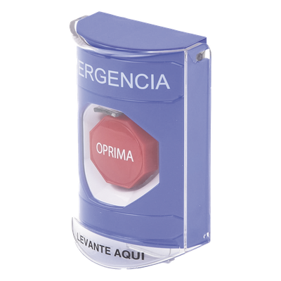 Botón Multipropósito, Color Azul, De Superficie, Con Tapa De Policarbonato, Con Bocina Pre Alarma, Solo Interior, Llave Para Restablecer, Texto De Emergencia, Español - Imagen 4