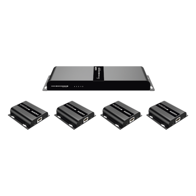 Kit Divisor y Extensor HDMI (Extender Splitter) | Divide 1 Fuente HDMI a 4 Pantallas | Extiende la señal HDMI hasta 120 m | Resolución 1080P @ 60 Hz | Cat 6/6a | Soporta IR | Baja Latencia | Uso24/7 | Alimente solo el Tx (PoC).