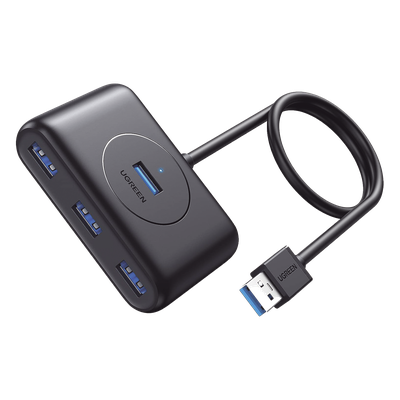 HUB USB-A 3.0 4 en 1 | 4 Puertos USB-A 3.0 (5Gbps) | Entrada USB-C (PD 5V2A) | Cable de 1 Metro | Indicador Led | Ideal para Transferencia de Datos | Entrada USB-C para alimentar equipos de mayor consumo | Color Negro.