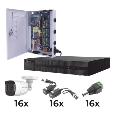 KIT TurboHD 1080p / DVR 16 Canales / 16 Cámaras Bala Policarbonato con Microfono (exterior 2.8 mm) / Transceptores / Conectores / Fuente de Poder Profesional