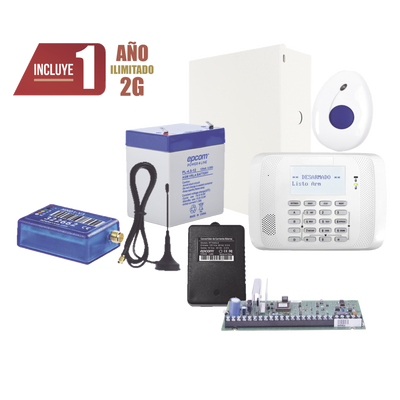 Kit de alarma con panel de seguridad, comunicador celular 2G multimarca y botón de pánico con detección de caídas