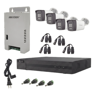 Kit HiLook Audio Bidireccional TurboHD 1080p / DVR Metalico 4 Canales / 4 Cámaras Bala (Exterior) con Bocina y Micrófono Integrado / 1 Fuente de Poder / Accesorios