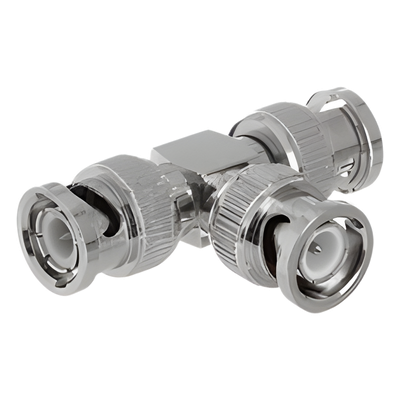 Adaptador de Triple conectores BNC macho para uso en sistemas de video vigilancia en aplicación con cables coaxiales RG-59/ RG-6, Níquel/ Oro/ Politetrafluoroetileno.