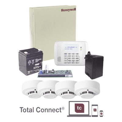 Kit de panel de alarma de 48 zonas con gabinete, transformador, batería y 4 detectores de humo, compatible con serie inalámbrica 5800