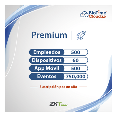 LICENCIA PREMIUM BIOTIME CLOUD 2.0  / 500 USUARIOS / 60 DISPOSITIVOS (Licencia Anual)