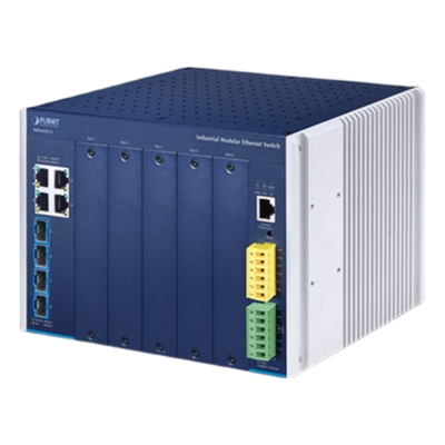 Switch Modular Industrial Capa 3 / 5 Slots / 4 Puertos Gigabit RJ45 / 4 Puertos SFP+ 10G / Rango de Temperatura -40~75°C / Entrada de Potencia Redundante 12-48V / Soporte IPv6/IPv4