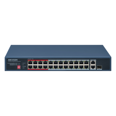 Switch PoE+ / No Administrable / 24 Puertos 10/100 Mbps PoE+ / 2 Puertos 1000 Mbps Uplink / 1 Puerto SFP Uplink / Modo Extendido hasta 300 Metros / 230 W