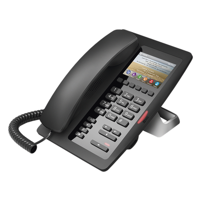 Teléfono IP Hotelero / Pantalla LCD Color 3.5" / 2 Líneas SIP / 6 Teclas Programables Hotline / Puerto USB Carga / PoE 802.3af / Personalizable con Logo Hotel