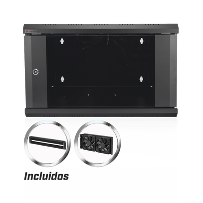 Gabinete de Pared Desarmado / 6U / 19 Pulgadas / 600 x 550 x 382 mm / Cristal Templado 5 mm / Carga Estática 60 kg / Acero SPCC RAL 9004 / IP20 Interior / RoHS